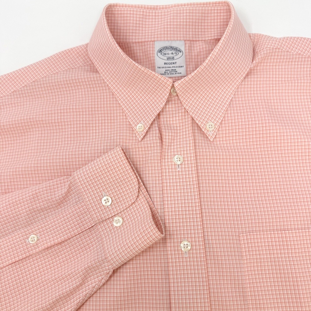 Brooks Brothers Regent Shirt Mens 16.5 34/35 Orange Micro Check Non-Iron Cotton
